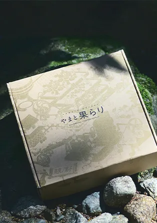 自然の中に置かれたやまと果らりのギフトセット